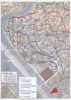 街歩きのコースと浸水予想の図